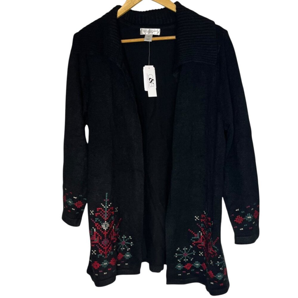 Christopher & Banks Womens M Petite Open Front Longline Snowflake Cardigan Black